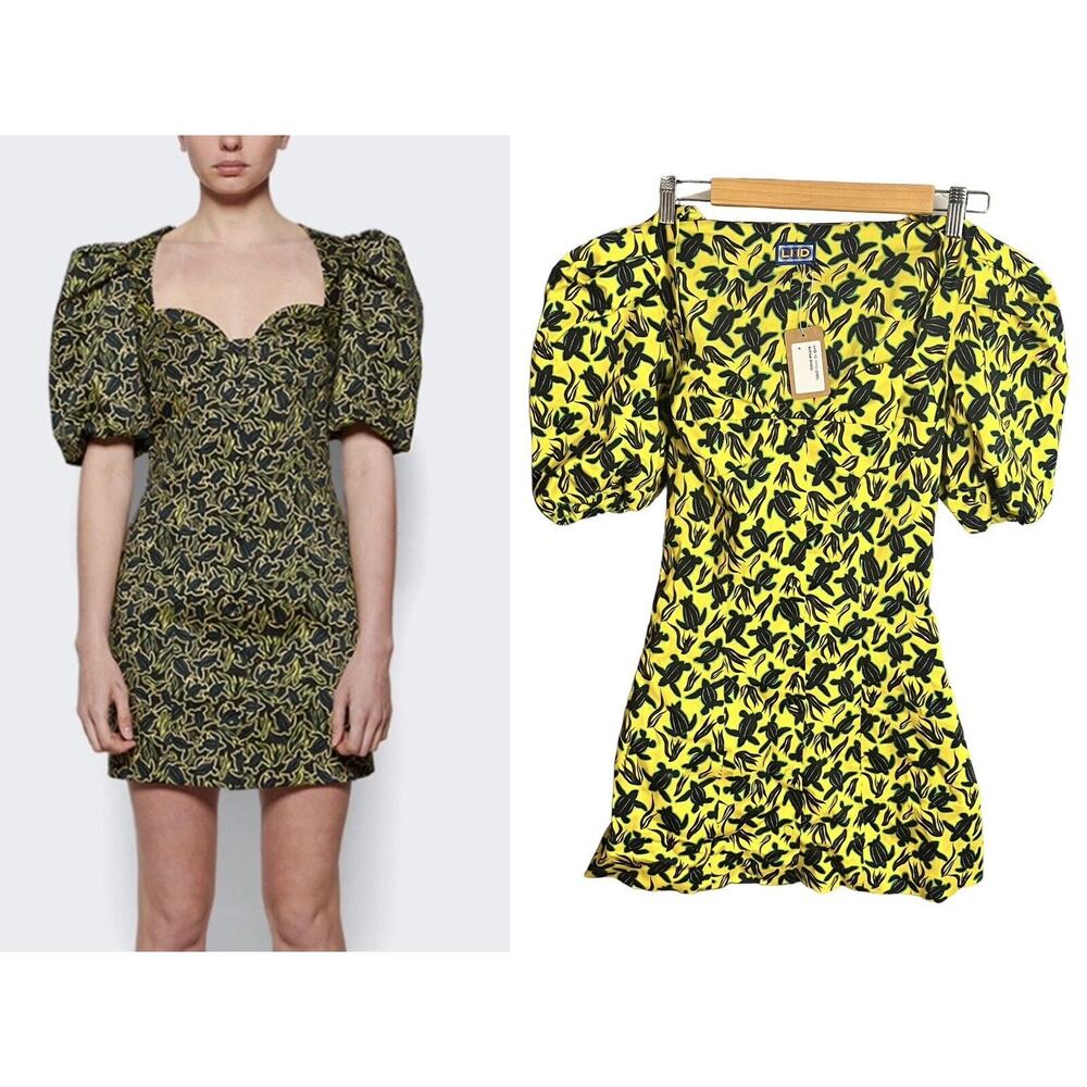 NEW $575 LHD Avena Dress •4• Yellow Sea Turtle Puff Sleeve Rio RARE